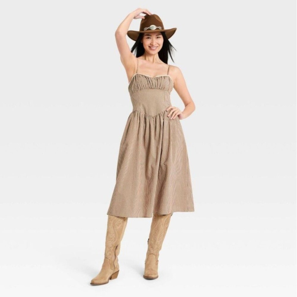 A New Day M Brown Gingham Midi Sundress Smocked Waist Cottagecore Picnic Spring